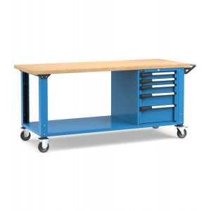 Professionelle Werkbank mit Rollen und 5 Schubladen, 200 cm, Blau und Anthrazit