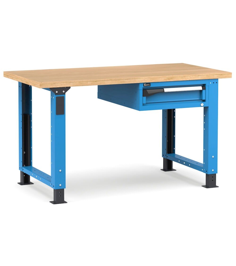 Regulierbare professionelle Werkbank mit 1 Schublade, 150 cm, Blau und Anthrazit