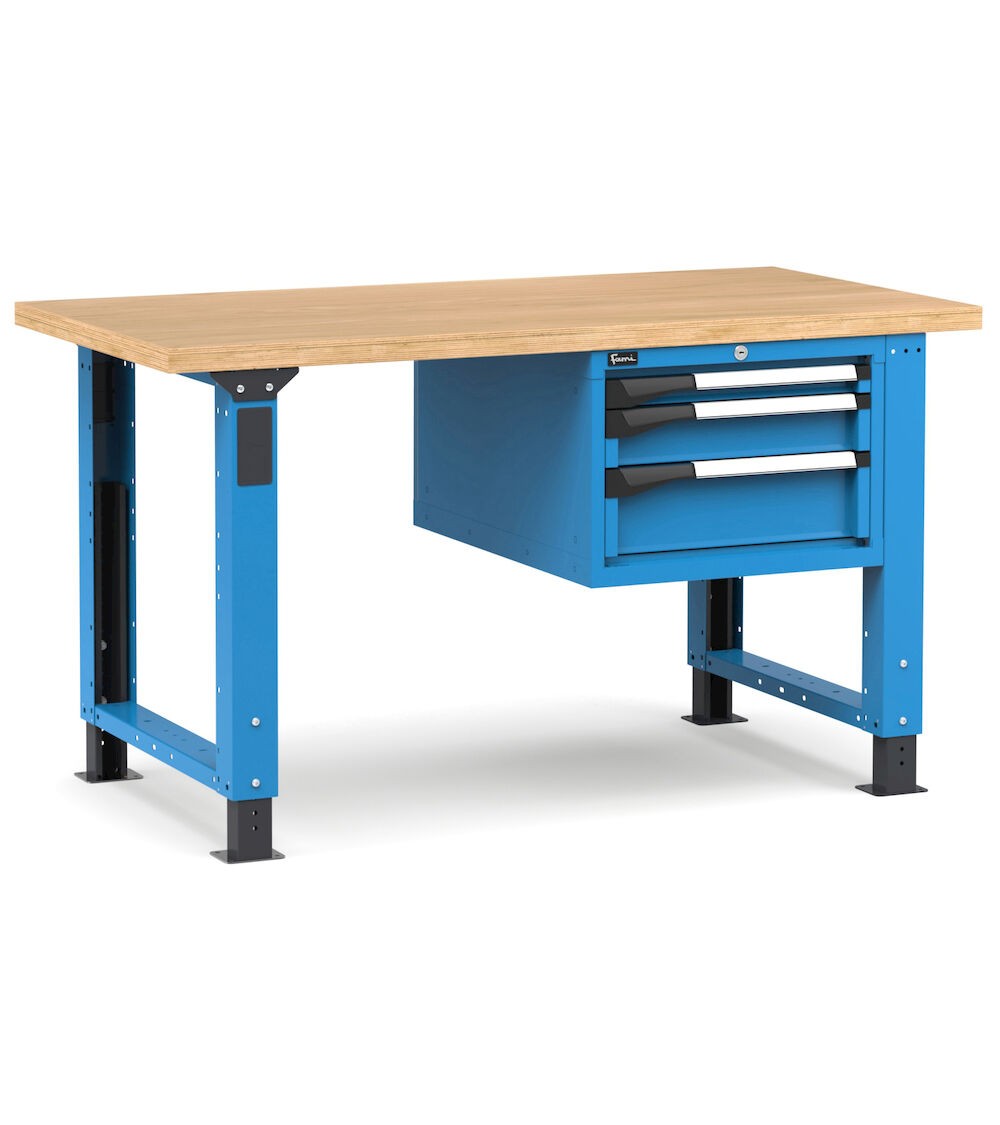 Regulierbare professionelle Werkbank mit 3 Schubladen, 150 cm, Blau und Anthrazit