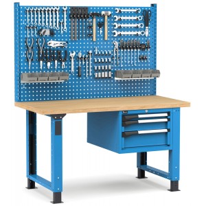 Regulierbare professionelle Werkbank mit Wand und 3 Schubladen, 150 cm, Blau und Anthrazit