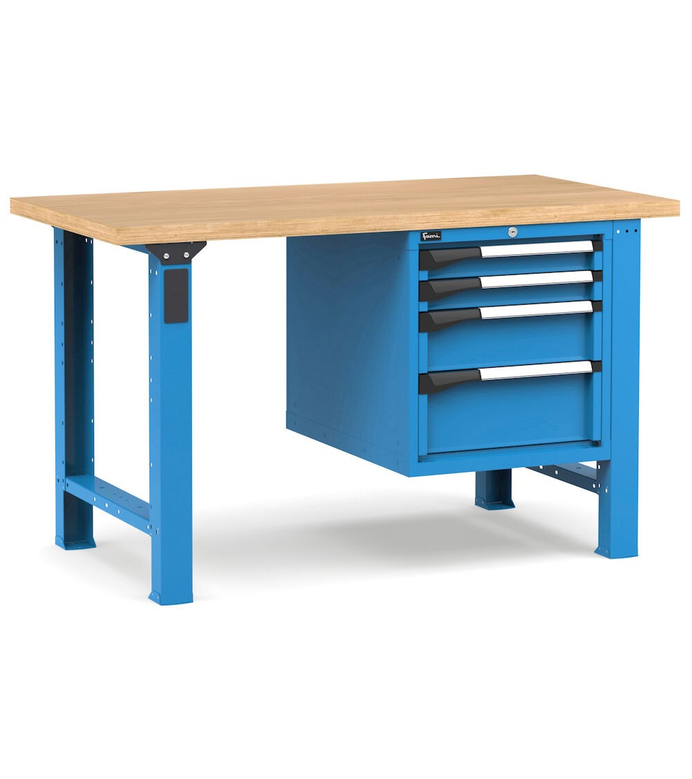 Professionelle Werkbank mit 4 Schubladen 2x75 1x150 1x200, 150 cm, Blau und Anthrazit