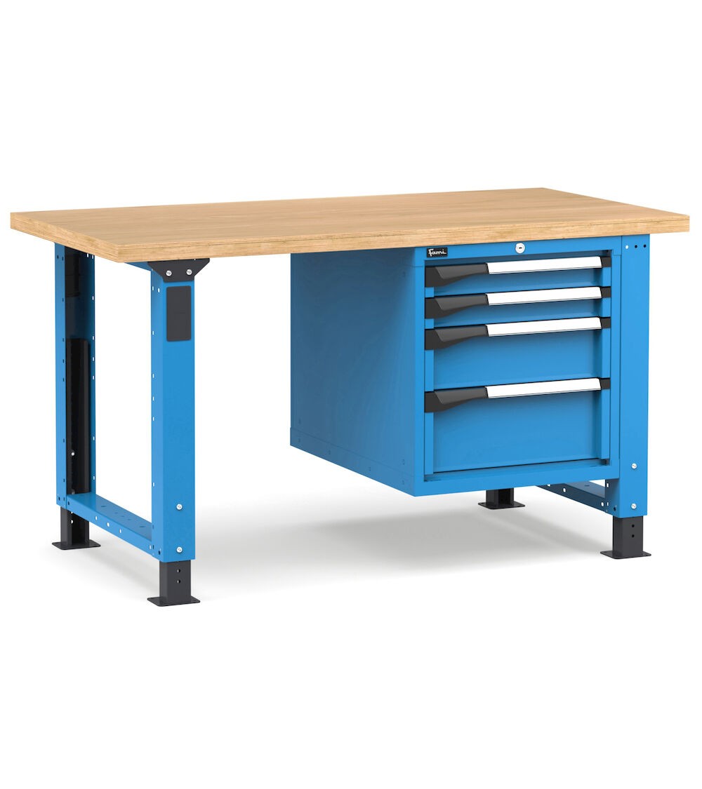 Regulierbare professionelle Werkbank mit 4 Schubladen 2x75 1x150 1x200, 150 cm, Blau und Anthrazit