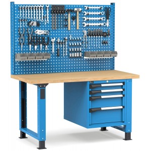 Regulierbare professionelle Werkbank mit Wand und 4 Schubladen 2x75 1x150 1x200, 150 cm, Blau und Anthrazit