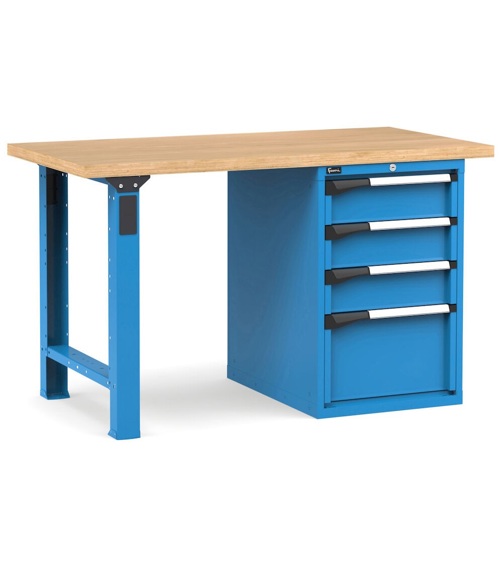 Professionelle Werkbank mit 4 Schubladen 3x150 1x300, 150 cm, Blau und Anthrazit