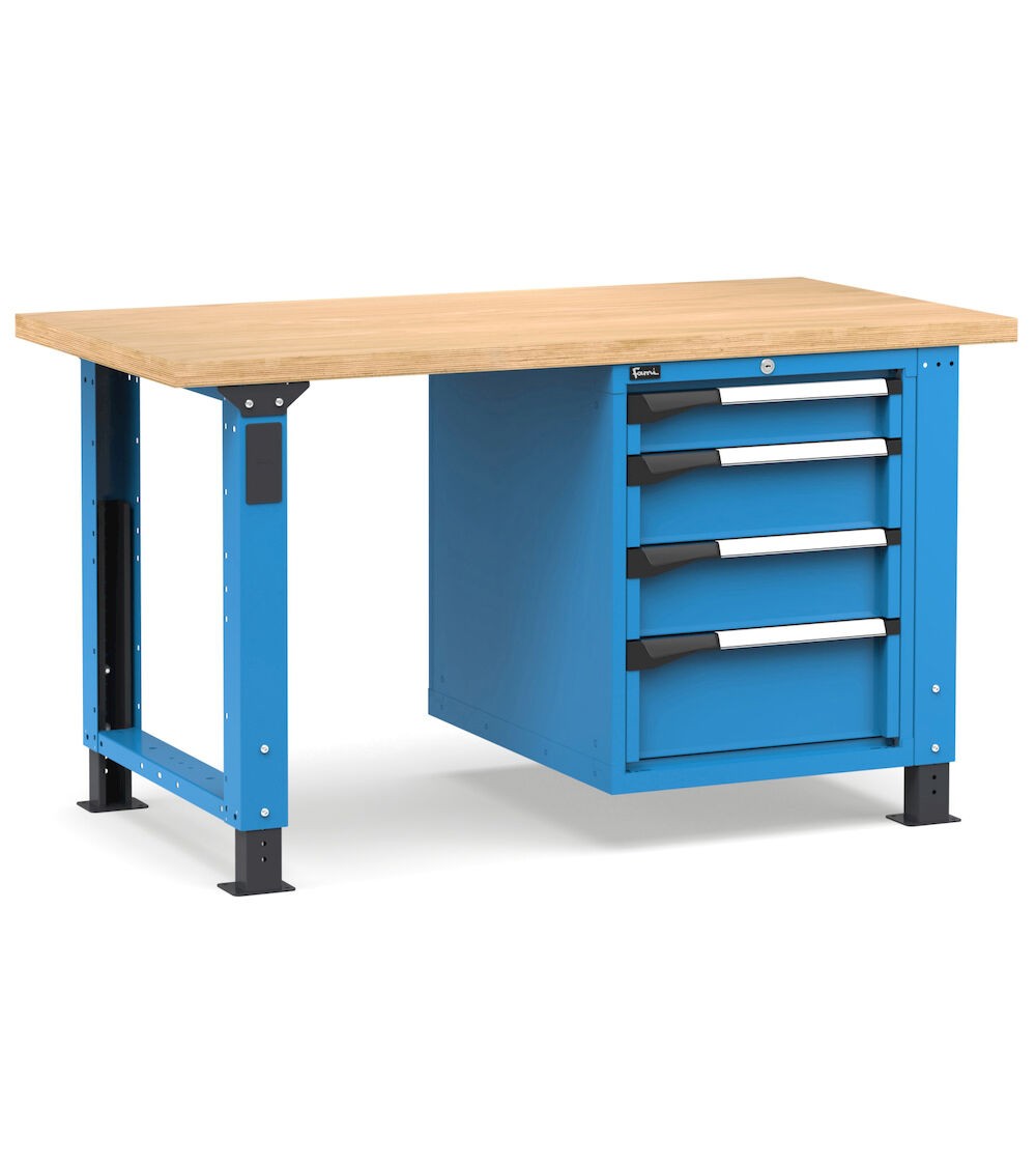 Regulierbare professionelle Werkbank mit 4 Schubladen 1x100 2x150 1x200, 150 cm, Blau und Anthrazit