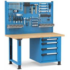 Regulierbare professionelle Werkbank mit Wand und 4 Schubladen 1x100 2x150 1x200, 150 cm, Blau und Anthrazit