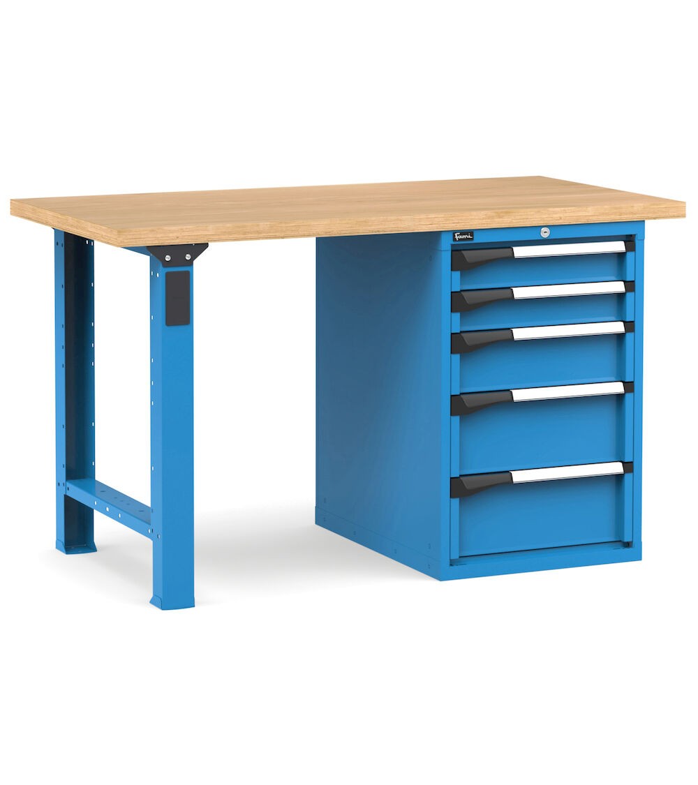 Professionelle Werkbank mit 5 Schubladen, 150 cm, Blau und Anthrazit