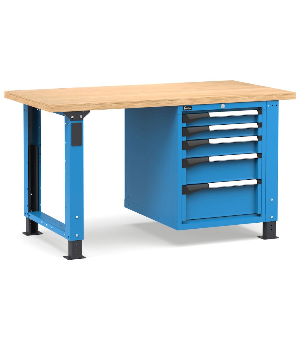 Regulierbare professionelle Werkbank mit 5 Schubladen, 150 cm, Blau und Anthrazit