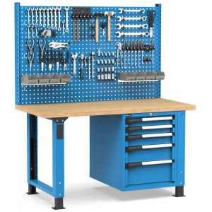 Regulierbare professionelle Werkbank mit Wand und 5 Schubladen, 150 cm, Blau und Anthrazit