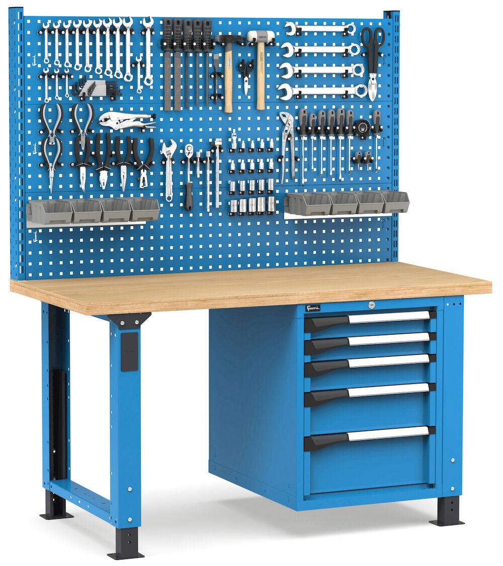 Regulierbare professionelle Werkbank mit Wand und 5 Schubladen, 150 cm, Blau und Anthrazit