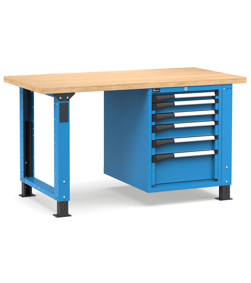 Regulierbare professionelle Werkbank mit 6 Schubladen, 150 cm, Blau und Anthrazit