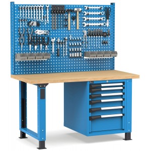 Regulierbare professionelle Werkbank mit Wand und 6 Schubladen, 150 cm, Blau und Anthrazit