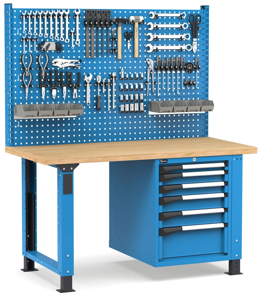 Regulierbare professionelle Werkbank mit Wand und 6 Schubladen, 150 cm, Blau und Anthrazit