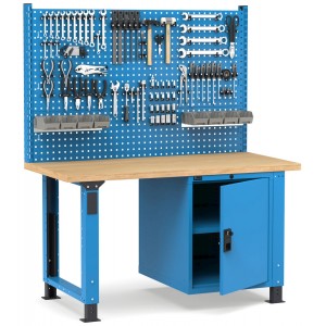 Regulierbare professionelle Werkbank mit Wand und Tür, 150 cm, Blau und Anthrazit