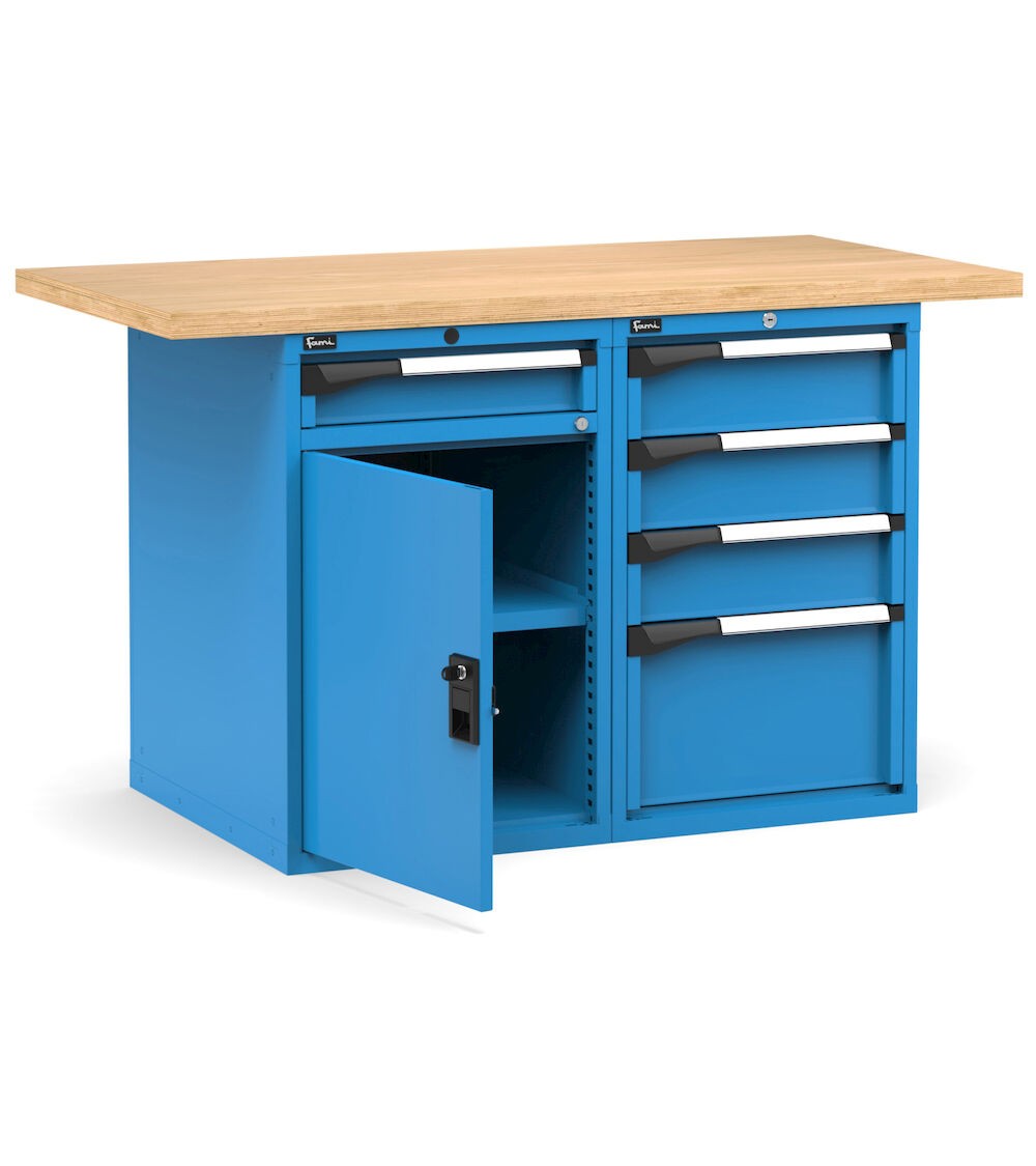 Professionelle Werkbank mit Tür, verstellbarem Fachboden und 5 Schubladen, 150 cm, Blau