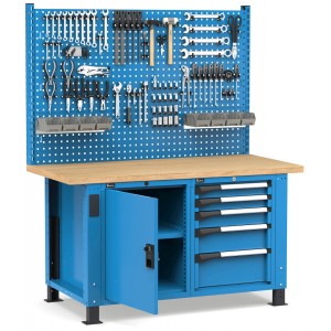 Regulierbare professionelle Werkbank mit Wand, 5 Schubladen und Tür, 150 cm, Blau und Anthrazit