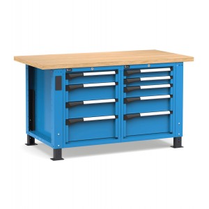 Regulierbare professionelle Werkbank mit 9 Schubladen, 150 cm, Blau und Anthrazit