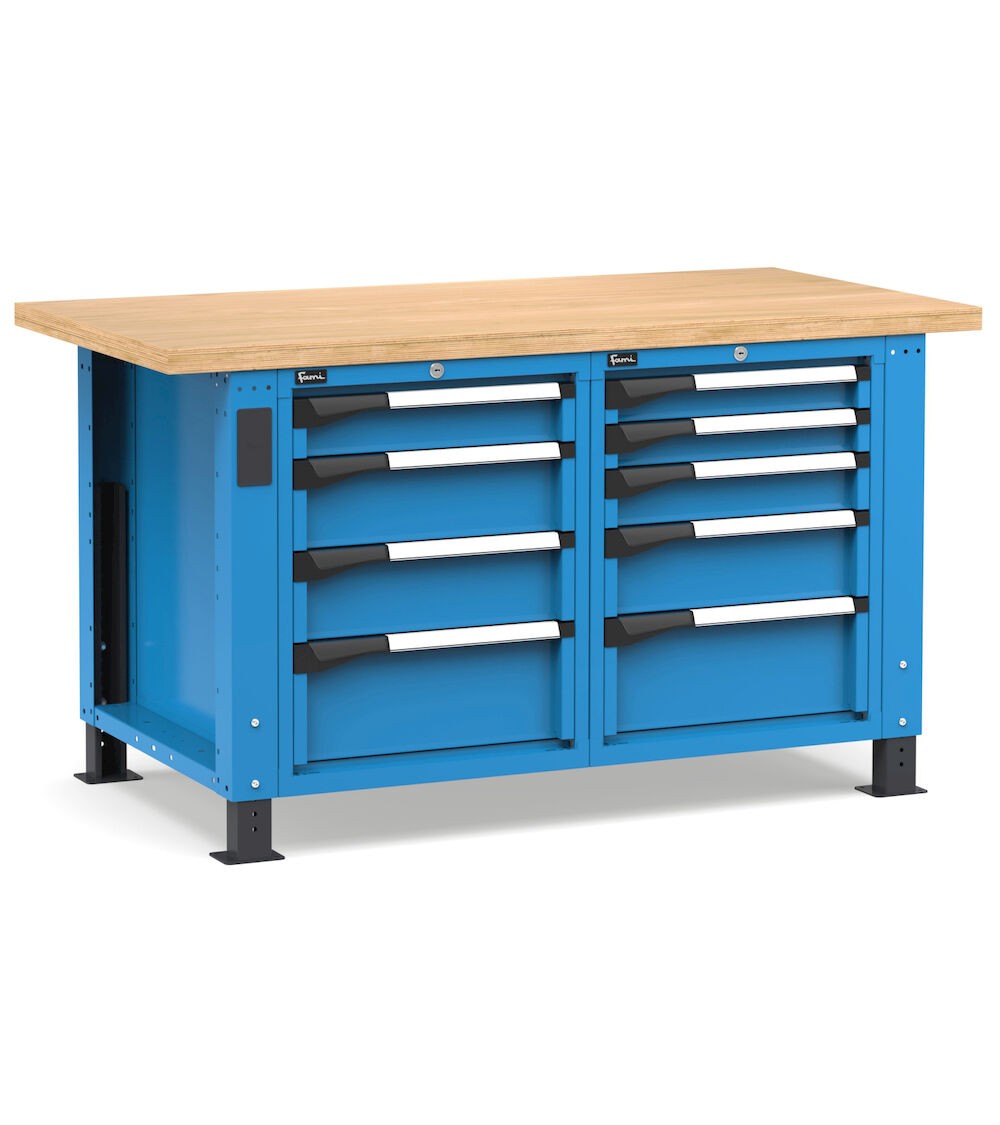 Regulierbare professionelle Werkbank mit 9 Schubladen, 150 cm, Blau und Anthrazit