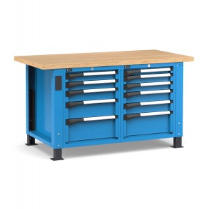 Regulierbare professionelle Werkbank mit 11 Schubladen, 150 cm, Blau und Anthrazit