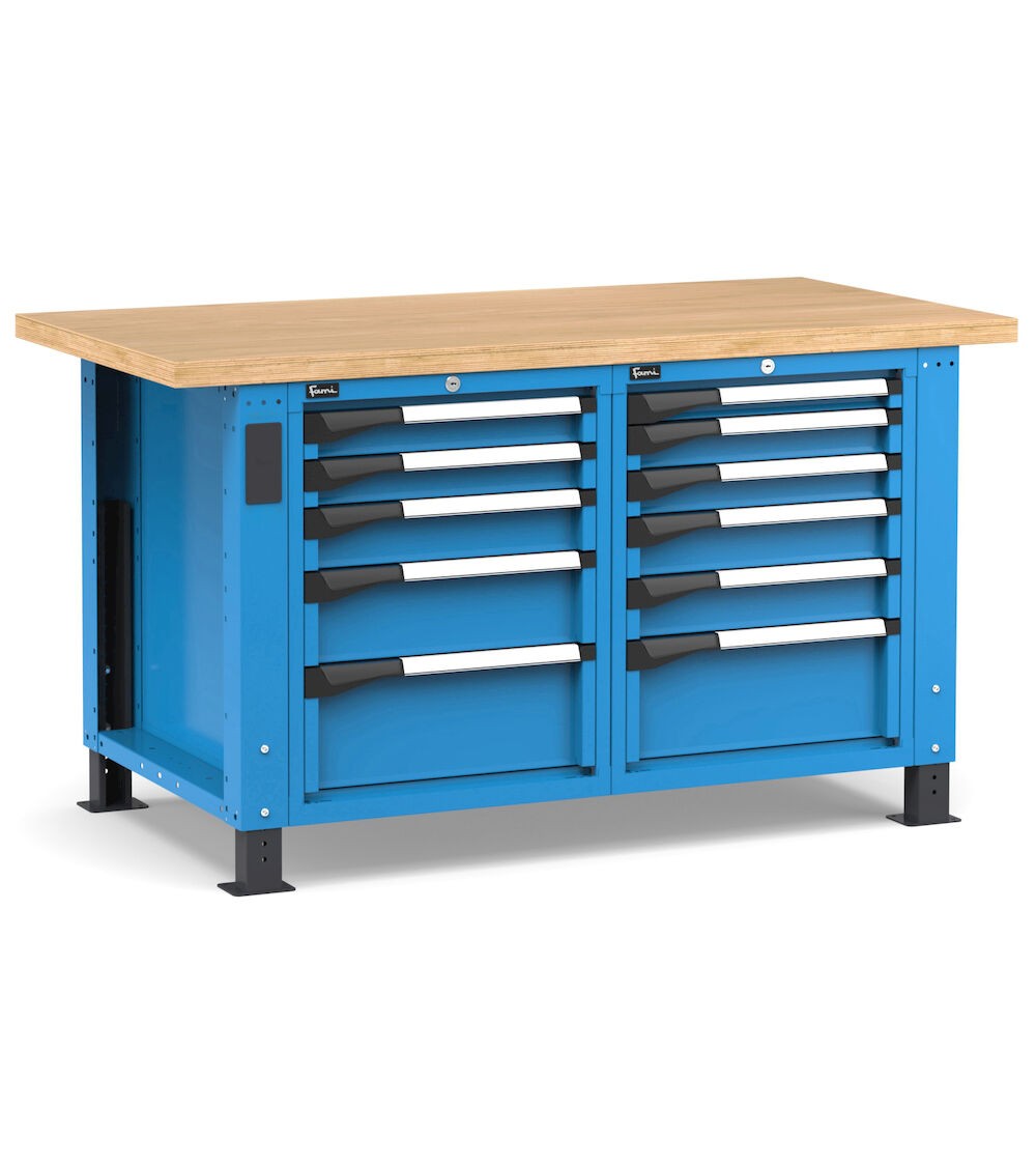 Regulierbare professionelle Werkbank mit 11 Schubladen, 150 cm, Blau und Anthrazit