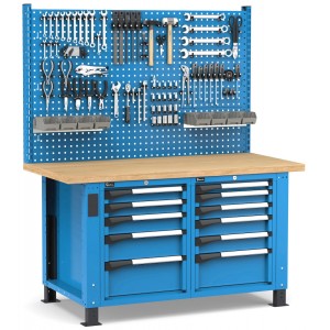 Regulierbare professionelle Werkbank mit Wand und 11 Schubladen, 150 cm, Blau und Anthrazit