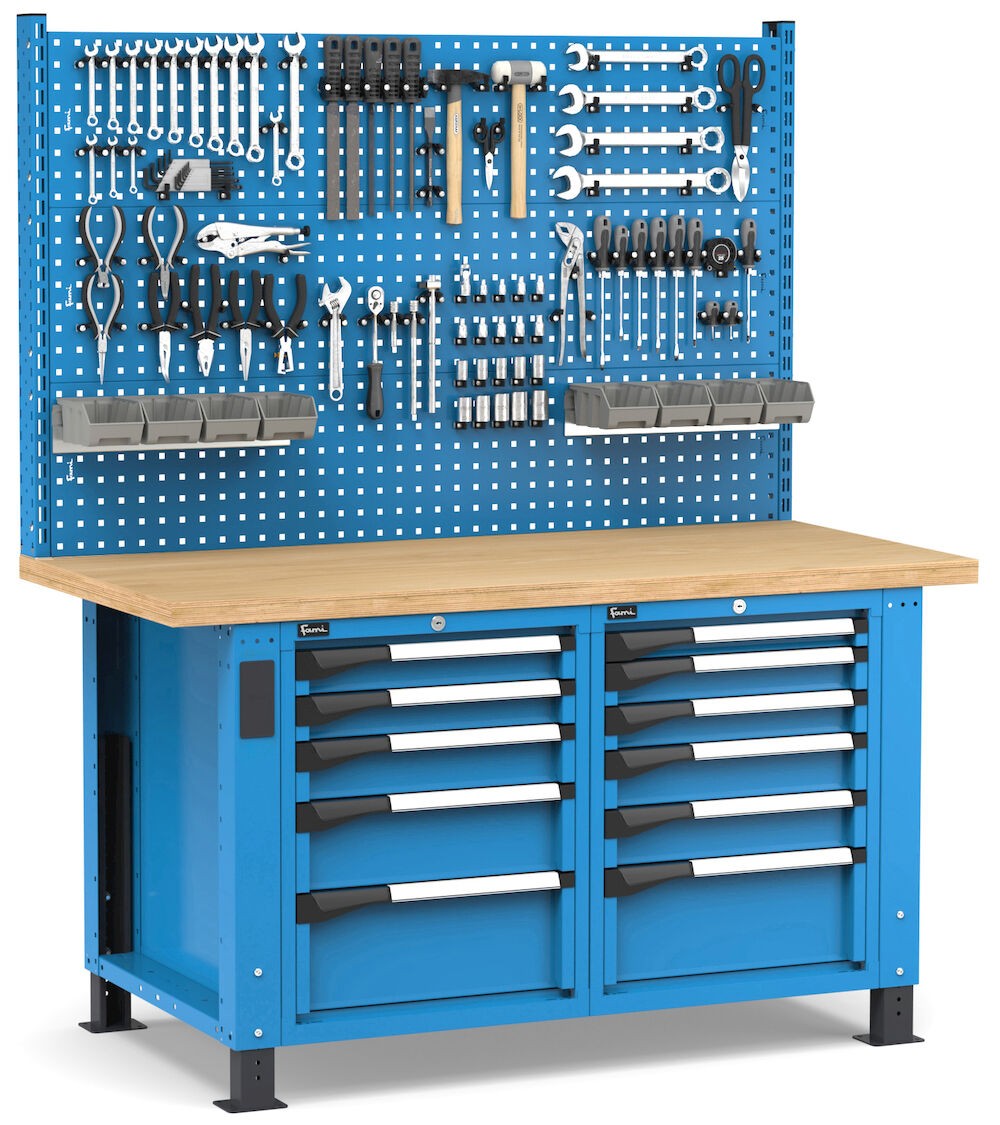 Regulierbare professionelle Werkbank mit Wand und 11 Schubladen, 150 cm, Blau und Anthrazit