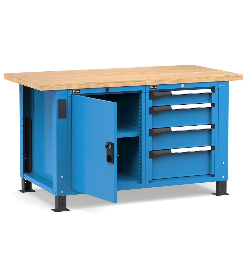 Regulierbare professionelle Werkbank mit 4 Schubladen und Tür, 150 cm, Blau und Anthrazit