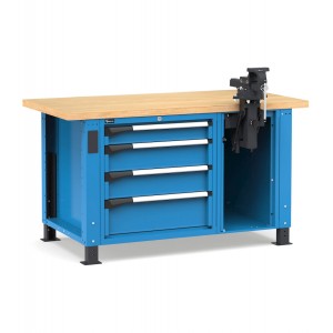 Professionelle Werkbank mit 4 Schubladen und Schraubstock, 150 cm, Blau und Anthrazit