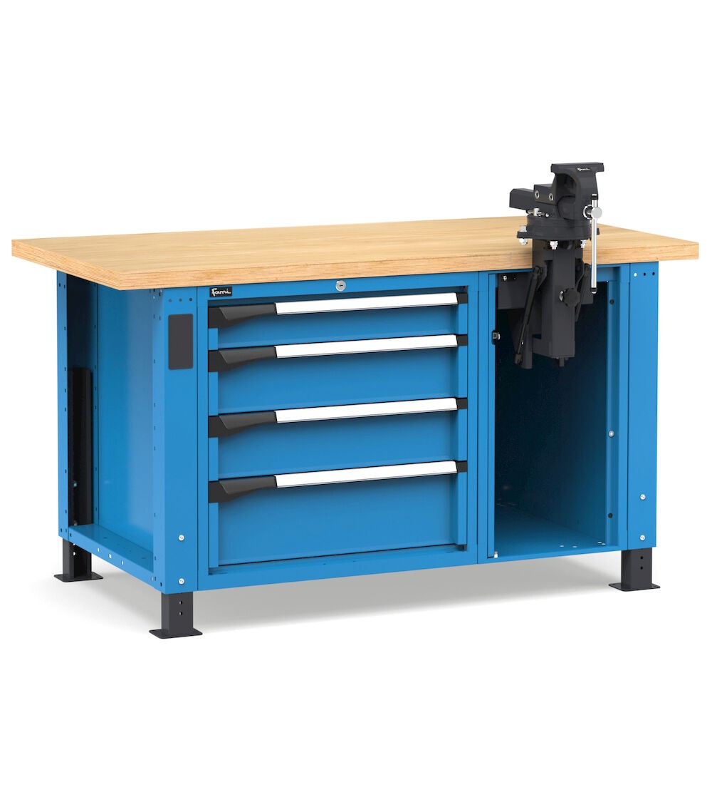 Professionelle Werkbank mit 4 Schubladen und Schraubstock, 150 cm, Blau und Anthrazit