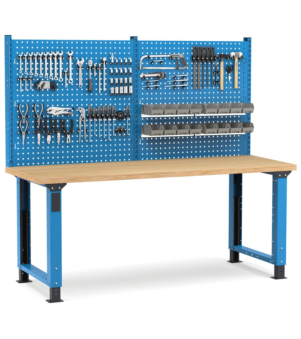 Regulierbare professionelle Werkbank mit Wand, 200 cm, Blau und Anthrazit