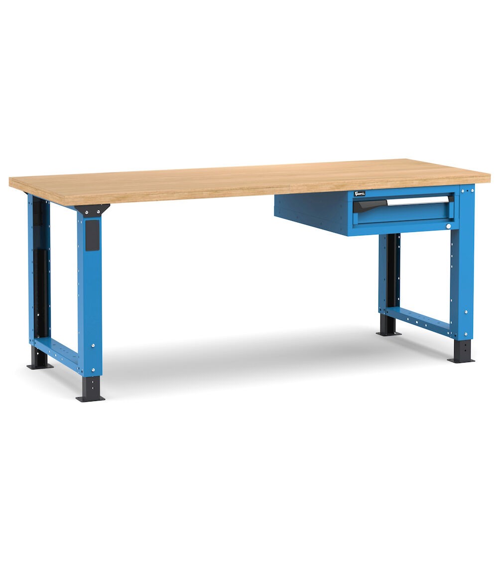 Regulierbare professionelle Werkbank mit 1 Schublade, 200 cm, Blau und Anthrazit