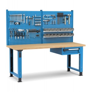 Regulierbare professionelle Werkbank mit Wand und Schublade, 200 cm, Blau und Anthrazit