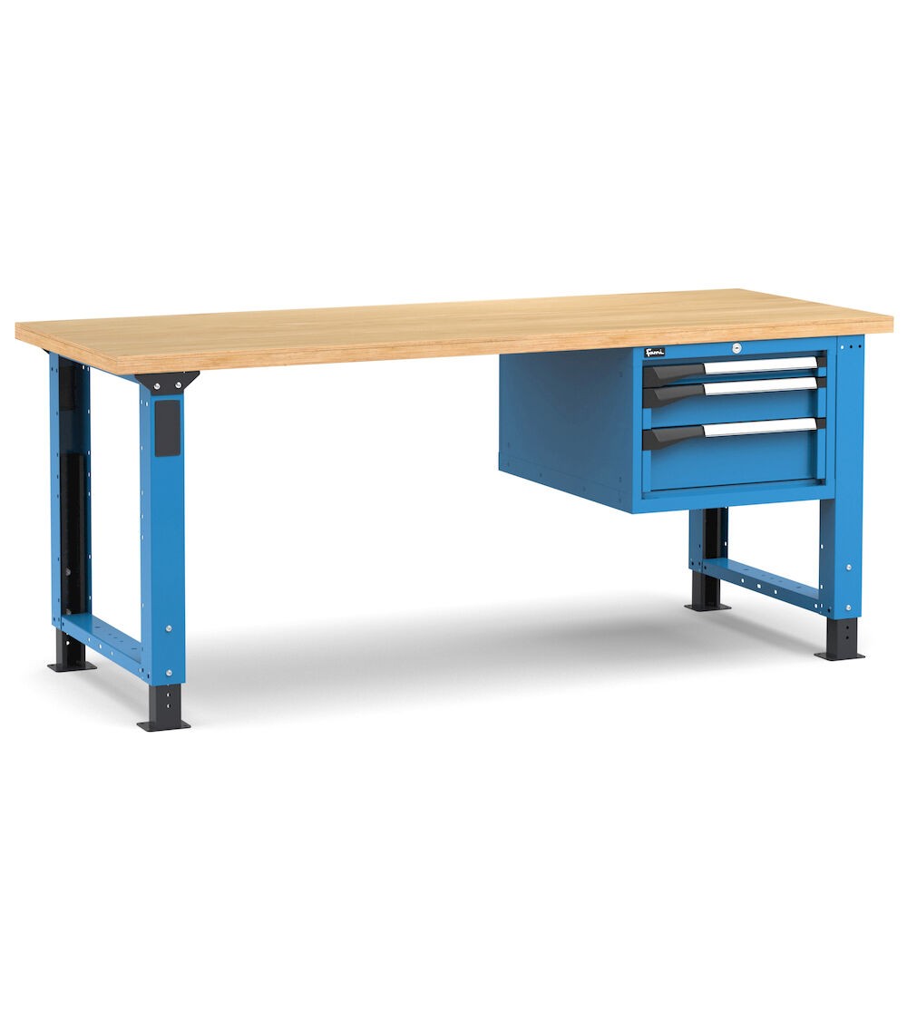 Regulierbare professionelle Werkbank mit 3 Schubladen, 200 cm, Blau und Anthrazit