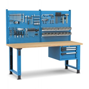 Regulierbare professionelle Werkbank mit Wand und 3 Schubladen, 200 cm, Blau und Anthrazit