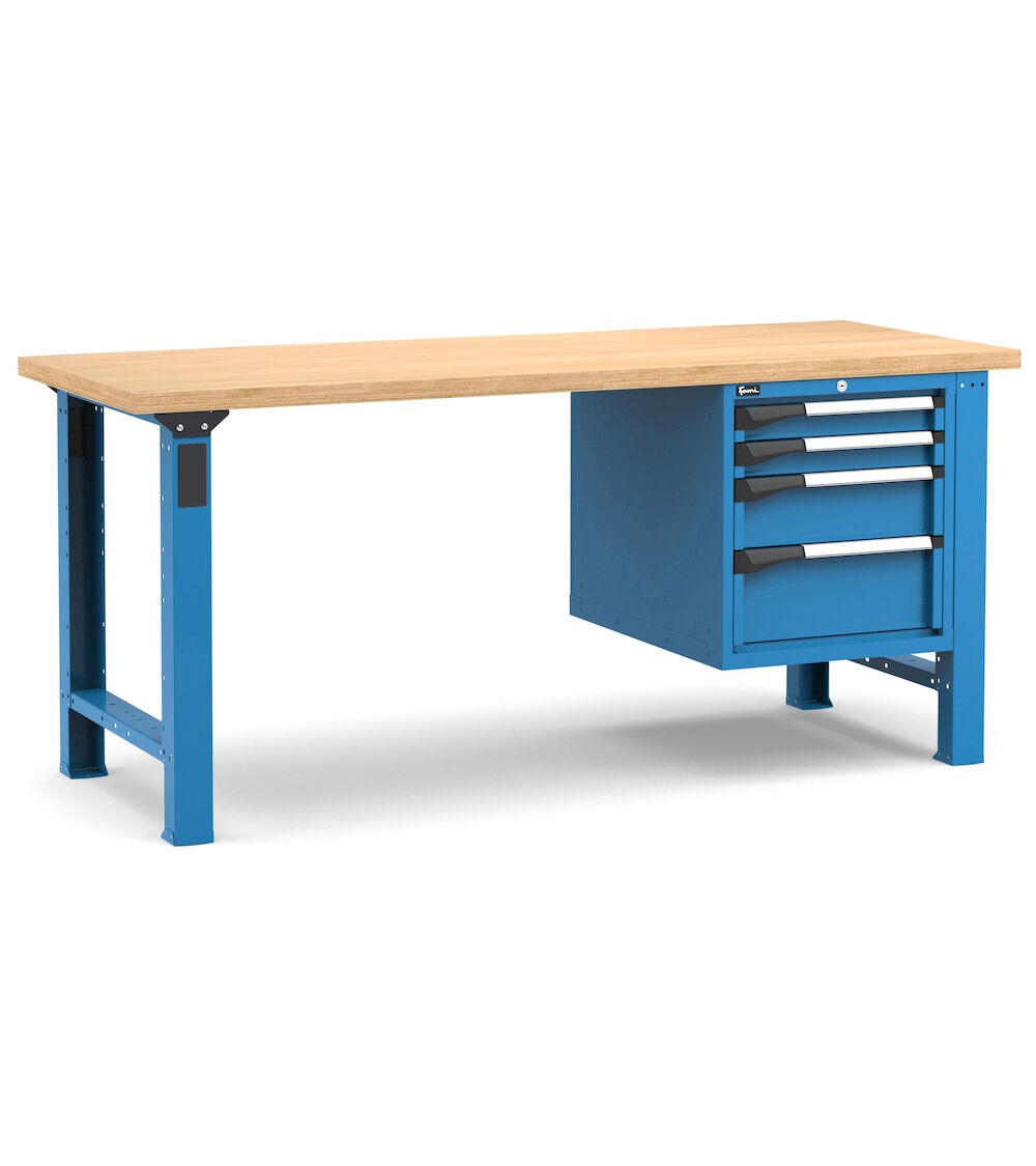 Professionelle Werkbank mit 4 Schubladen 2x75 1x150 1x200, 200 cm, Blau und Anthrazit