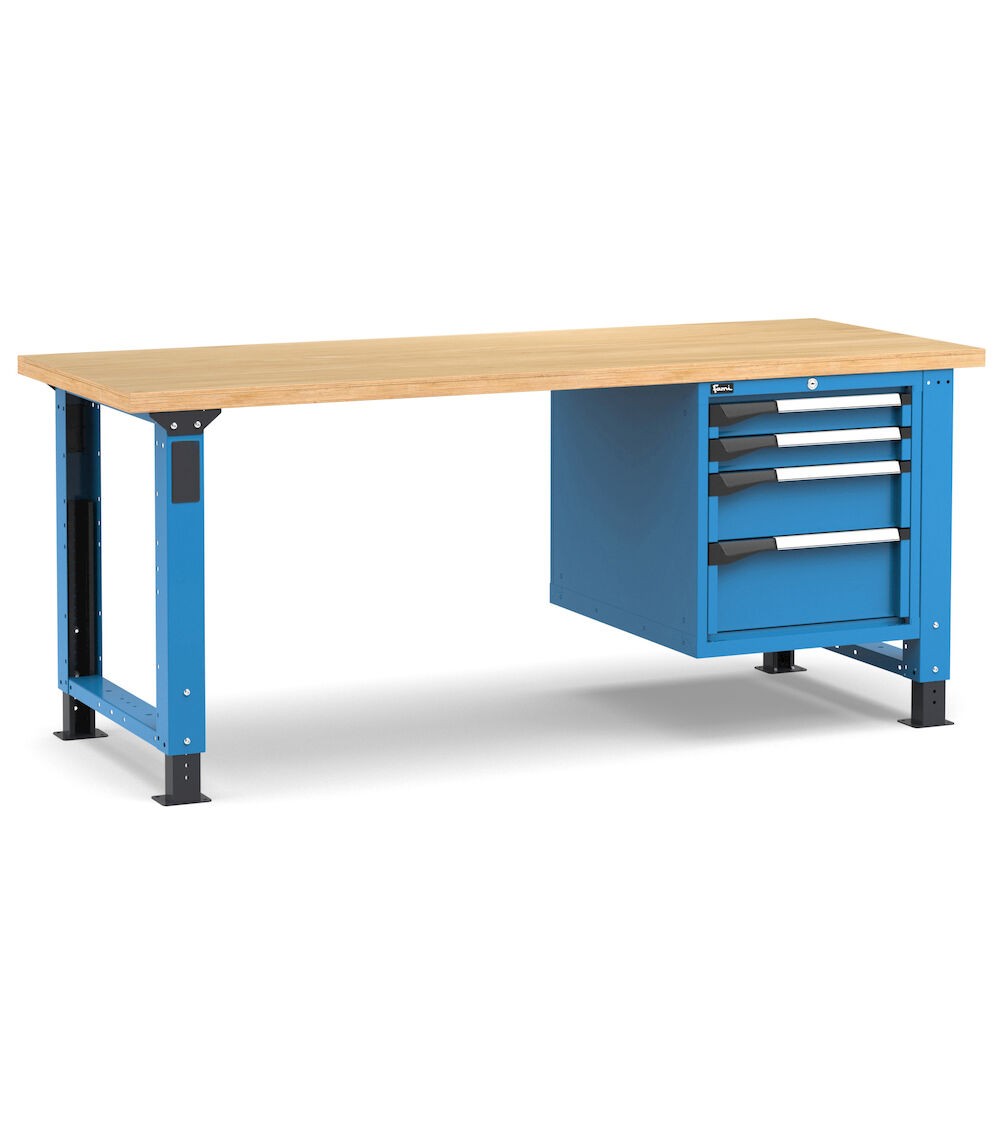 Regulierbare professionelle Werkbank mit 4 Schubladen 2x75 1x150 1x200, 200 cm, Blau und Anthrazit