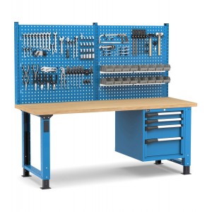 Regulierbare professionelle Werkbank mit Wand und 4 Schubladen 2x75 1x150 1x200, 200 cm, Blau und Anthrazit