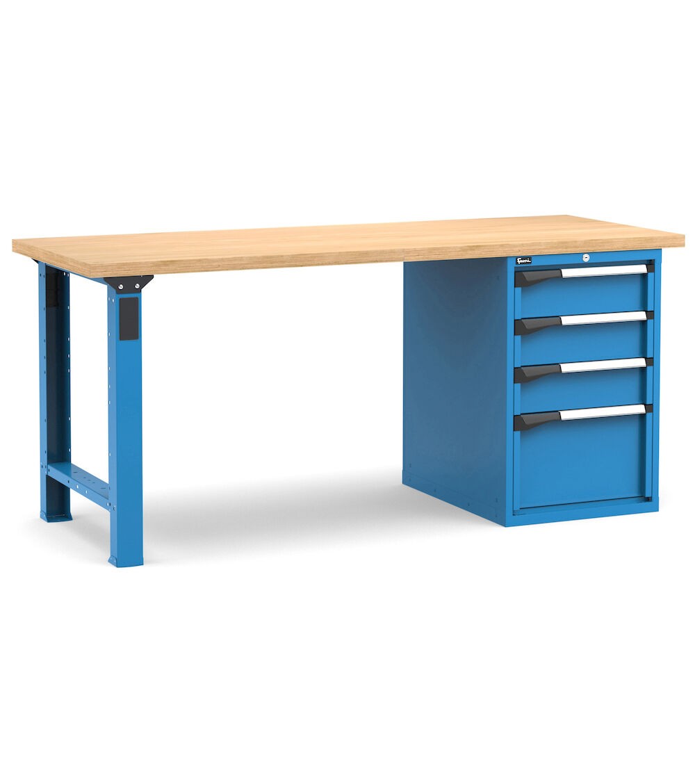 Professionelle Werkbank mit 4 Schubladen 1x100 2x150 1x200, 150 cm, Blau und Anthrazit