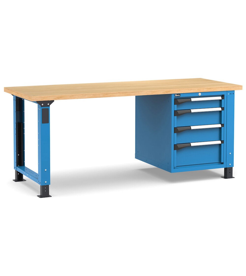 Regulierbare professionelle Werkbank mit 4 Schubladen 1x100 2x150 1x200, 200 cm, Blau und Anthrazit