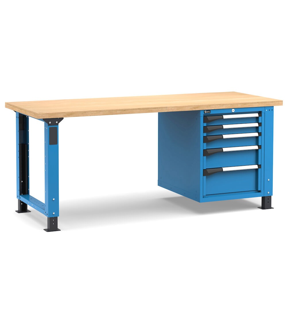 Regulierbare professionelle Werkbank mit 5 Schubladen, 200 cm, Blau und Anthrazit