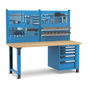 Regulierbare professionelle Werkbank mit Wand und 5 Schubladen, 200 cm, Blau und Anthrazit