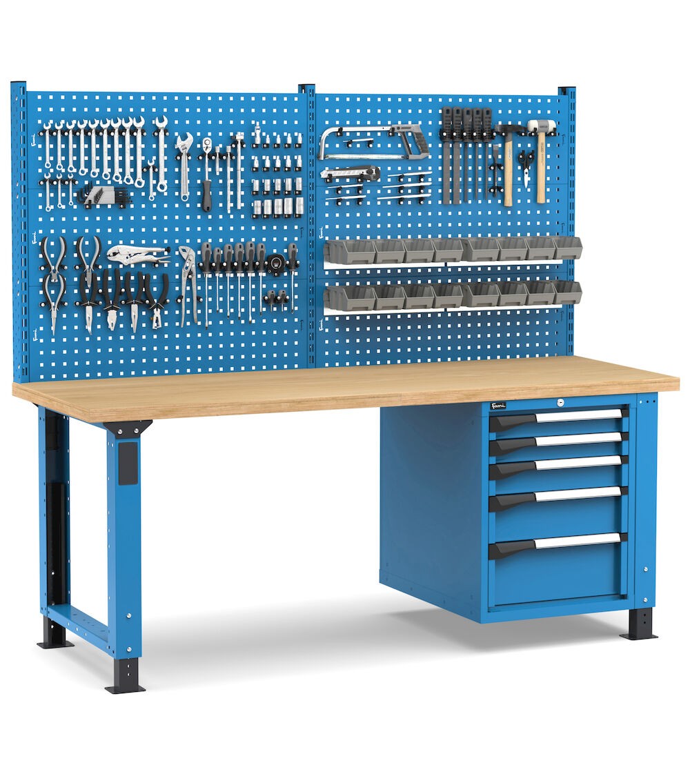 Regulierbare professionelle Werkbank mit Wand und 5 Schubladen, 200 cm, Blau und Anthrazit