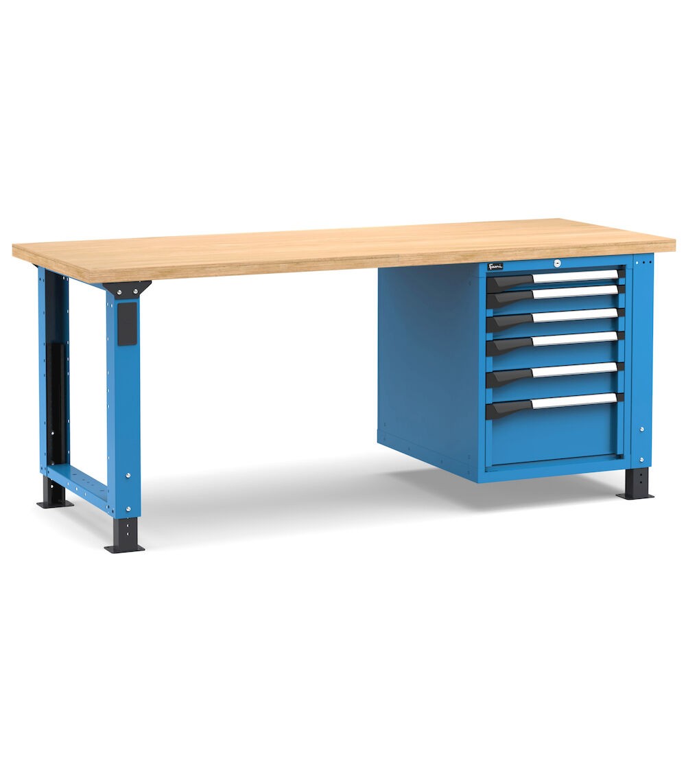 Regulierbare professionelle Werkbank mit 6 Schubladen, 200 cm, Blau und Anthrazit