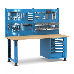 Regulierbare professionelle Werkbank mit Wand und 6 Schubladen, 200 cm, Blau und Anthrazit