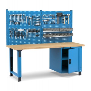 Regulierbare professionelle Werkbank mit Wand und Tür, 200 cm, Blau und Anthrazit