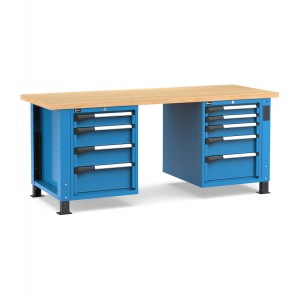 Regulierbare professionelle Werkbank mit 9 Schubladen, 200 cm, Blau und Anthrazit