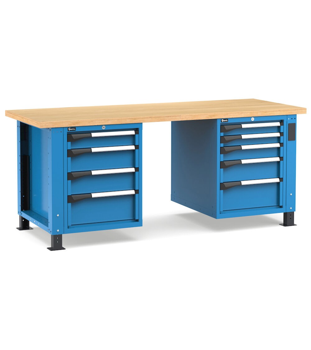 Regulierbare professionelle Werkbank mit 9 Schubladen, 200 cm, Blau und Anthrazit