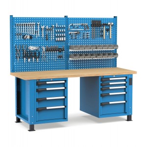 Regulierbare professionelle Werkbank mit Wand und 9 Schubladen, 200 cm, Blau und Anthrazit