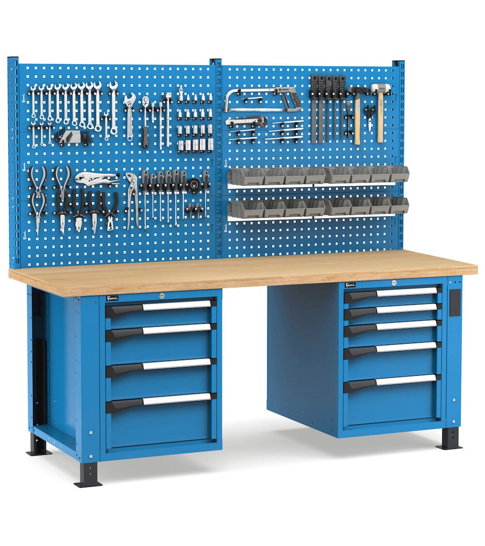 Regulierbare professionelle Werkbank mit Wand und 9 Schubladen, 200 cm, Blau und Anthrazit