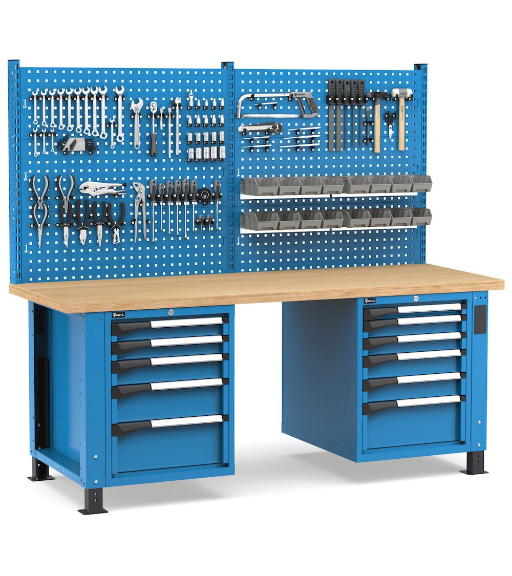 Regulierbare professionelle Werkbank mit Wand und 11 Schubladen, 200 cm, Blau und Anthrazit